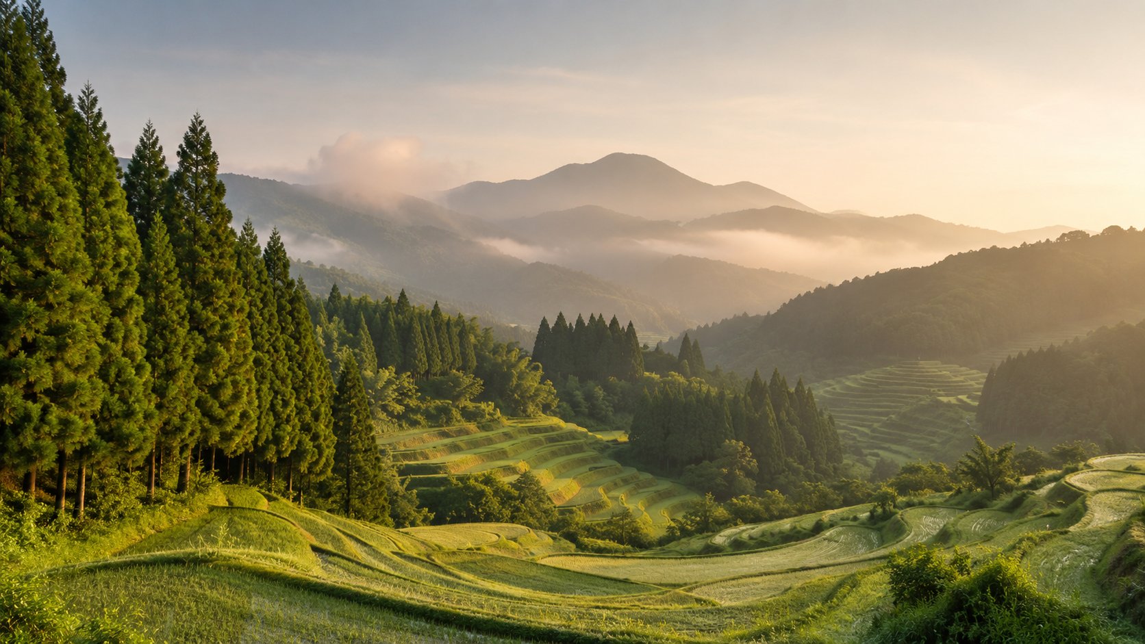 山あいに棚田が広がる、岐阜の里山の風景
