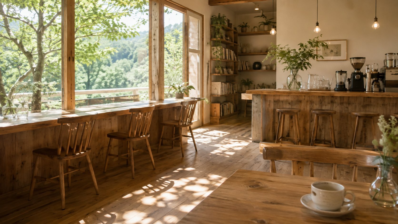 木のカウンターと大きな窓のある店内